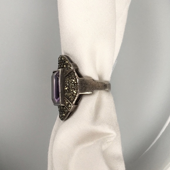Vtg Sterling Silver Fine Marcasite Amethyst Ring ~ Vintage Cocktail Statement - Picture 11 of 14